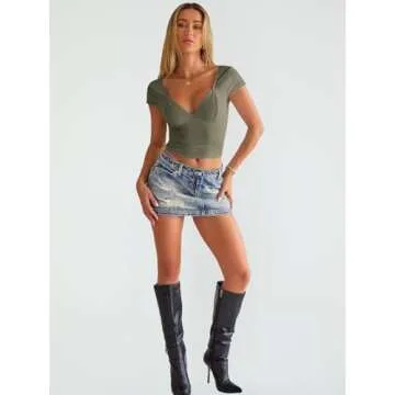 Trendy Queen Womens Deep V-Neck Backless Tops Short Sleeve Slim Fit T-Shirts Basic Y2K Clothes Bustier Corset Cami 2025