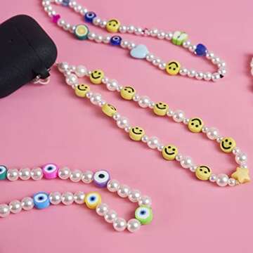 Vatogon Beaded Phone Strap Y2K Beaded Phone Charms Smiley Face Fruit Star Letter Pearl Handmade Rainbow Acrylic Polymer Clay Beads Keychain for Women Girls (6Pcs-G)