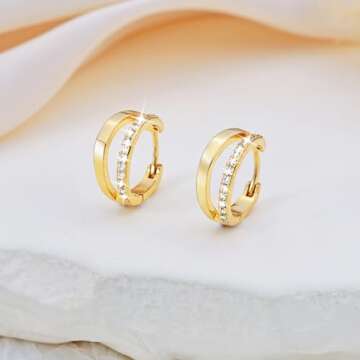 Small Dainty Huggie Hoop Earrings - 14K Gold Hypoallergenic Cubic Zirconia Earring for Women