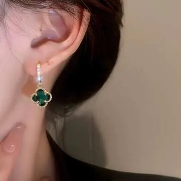 Ladies Heart Earrings, Cute Lucky stud earring, Four Leaf Clover Earrings Delicate stud Earrings, Suitable for Women Holiday Jewelry, 925 Silver Needle,Gold Plated, Cubic Zirconia, (Greener)