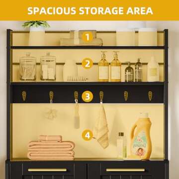 DWVO Laundry Hamper with Shelves, 3-Tier Laundry Hamper Cabinet 53" Tilt Out Hamper with 6 Hooks and 2 Removable Laundry Baskets for Laundry Room Bathroom, Black