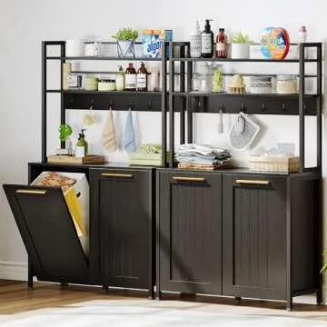 DWVO Laundry Hamper with Shelves, 3-Tier Laundry Hamper Cabinet 53" Tilt Out Hamper with 6 Hooks and 2 Removable Laundry Baskets for Laundry Room Bathroom, Black