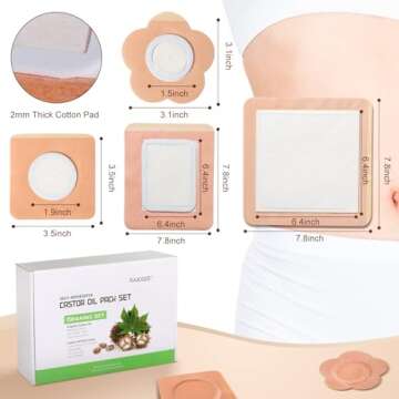 32Pcs Castor Oil Pack with Castor Oil Organic Cold Pressed Glass Bottle 8oz, Cotton Castor Oil Wrap for Waist Back Neck Arm, Self-Adhesive for Convenient Use