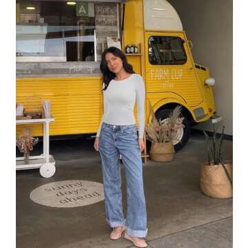 OMKAGI Women Long Sleeve Tops Boat Neck Off Shoulder Going Out Y2K Tops T-Shirts(M,White-200)