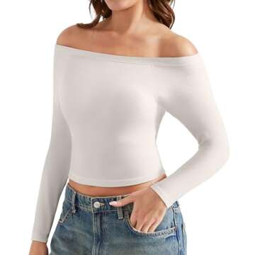 OMKAGI Women Long Sleeve Tops Boat Neck Off Shoulder Going Out Y2K Tops T-Shirts(M,White-200)