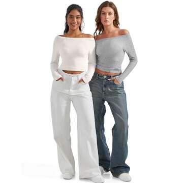 OMKAGI Women Long Sleeve Tops Boat Neck Off Shoulder Going Out Y2K Tops T-Shirts(M,White-200)