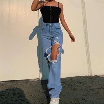 Yuemengxuan Women Ripped Jeans, Ladies Fashion Hollow Out Baggy High Waist Denim Pants Female Casual Loose Trousers