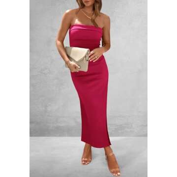 PRETTYGARDEN Women's Summer Bodycon Maxi Tube Dress Ribbed Strapless Side Slit Long Going Out Casual Elegant Party Dresses (Rose Red,Small)