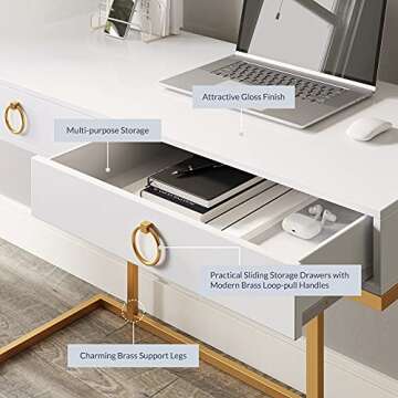 BELLEZE Vanity Desk with 2 Drawers, 45 Inch Computer Desk Mordern Vanity Makeup Dressing Table Home Office Desk Laptop Study Writing Table with Gold Metal Frame, White