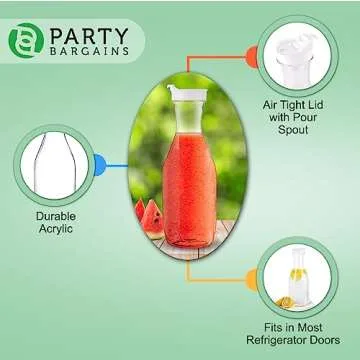 Party Bargains 50 oz. Plastic Carafe with Lids - Clear, 2 Count, White Flip Tab Lid Premium Quality & Heavy Duty Plastic Pitcher for Iced Tea, Powdered Juice, Cold Beverages, Mimosa Bar