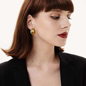 Chunky Gold Stud Earrings, Dome Gold Hoop Earrings for Women 14K Real Gold Plated Thick Open Hoops Lightweight