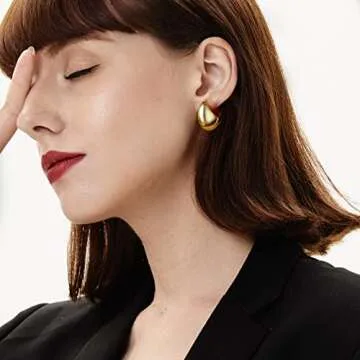 Chunky Gold Hoops Lightweight Earrings for Women 14K Plated