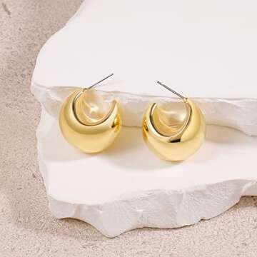 Chunky Gold Stud Earrings, Dome Gold Hoop Earrings for Women 14K Real Gold Plated Thick Open Hoops Lightweight