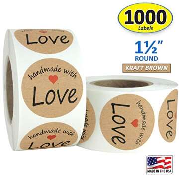 1.5" Inch Round Kraft Handmade with Love Stickers with Black Font and Red Heart, Color-Coding, 500 Labels per Roll, 2 Rolls.
