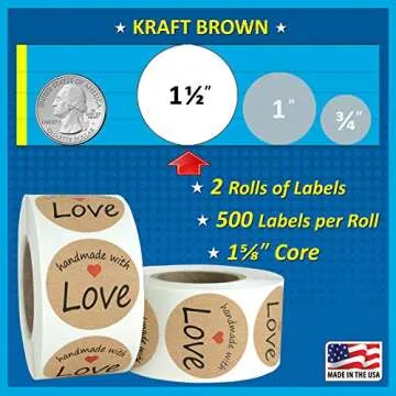 1.5" Inch Round Kraft Handmade with Love Stickers with Black Font and Red Heart, Color-Coding, 500 Labels per Roll, 2 Rolls.
