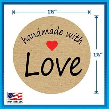 1.5" Inch Round Kraft Handmade with Love Stickers with Black Font and Red Heart, Color-Coding, 500 Labels per Roll, 2 Rolls.