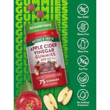 Nature's Truth Apple Cider Vinegar Gummies | 600 mg | 75 Gummies | Apple Flavor | Vegan, Non-GMO, Gluten Free Supplement