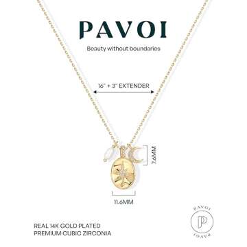 PAVOI 14K Gold Plated Cubic Zirconia - 11.6mm North Star Pendant Paved - 14K Yellow Gold Plated Moon with Polished Shell Pearl