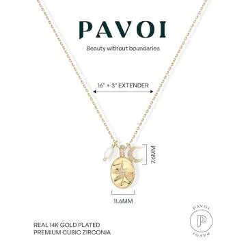 PAVOI 14K Gold Plated Cubic Zirconia - 11.6mm North Star Pendant Paved - 14K Yellow Gold Plated Moon with Polished Shell Pearl