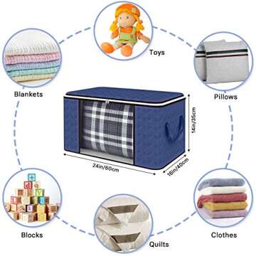 Clothes Storage Bag 4 Pack Large 90L Comforter Storage Bags with Sturdy Zipper, Blue Storage Bags with Foldable Reinforced Handle Thick Fabric for Blankets, Comforters, Bedding, Clear Window