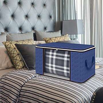 Clothes Storage Bag 4 Pack Large 90L Comforter Storage Bags with Sturdy Zipper, Blue Storage Bags with Foldable Reinforced Handle Thick Fabric for Blankets, Comforters, Bedding, Clear Window