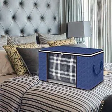 Clothes Storage Bag 4 Pack Large 90L Comforter Storage Bags with Sturdy Zipper, Blue Storage Bags with Foldable Reinforced Handle Thick Fabric for Blankets, Comforters, Bedding, Clear Window