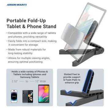 ARKON Mounts Portable Tablet Stand | Adjustable Viewing Angle | For Phones and Tablets | Fits Apple iPad, iPhone, Samsung Galaxy, Note, Switch, and more
