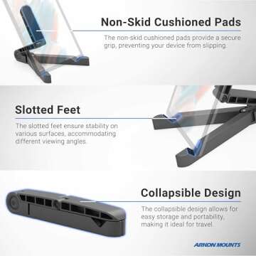 ARKON Mounts Portable Tablet Stand | Adjustable Viewing Angle | For Phones and Tablets | Fits Apple iPad, iPhone, Samsung Galaxy, Note, Switch, and more