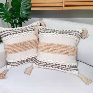 Heavenera Bohemian Beige Pillow Covers 18x18 Inch, Handmade Wool Cushion Case Boho Decorative Throw ...