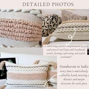 Heavenera Bohemian Beige Pillow Covers 18x18 Inch, Handmade Wool Cushion Case Boho Decorative Throw Pillows for Sofa, Couch, and Bed, Minimalist Farmhouse Chic Decor (18"X18", Beige)