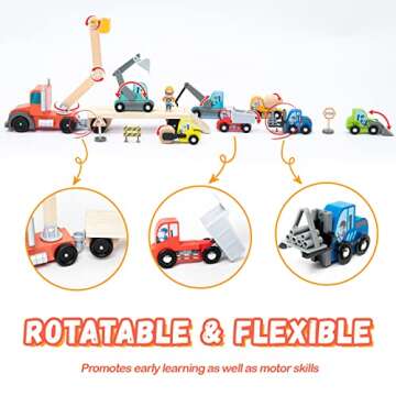 Wooden Construction Site Vehicles with Trailer 14 PCS Set, Vehicle Toys Cars for Toddlers and Kids A...
