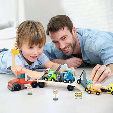 Wooden Construction Site Vehicles with Trailer 14 PCS Set, Vehicle Toys Cars for Toddlers and Kids Ages 3+ Gifts for Boys Girls, Compatible with Thomas and Other Major Brand Train Toy and Railway Set