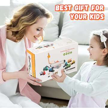 Wooden Construction Site Vehicles with Trailer 14 PCS Set, Vehicle Toys Cars for Toddlers and Kids Ages 3+ Gifts for Boys Girls, Compatible with Thomas and Other Major Brand Train Toy and Railway Set