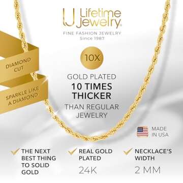 LIFETIME JEWELRY 2mm Gold Rope Chain - 24k Real Gold Plated Necklace