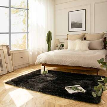 Ashler Faux Fur Rug, Fluffy Shaggy Area Rug Ultra Soft 4 x 6 Feet Rectangle Fur Rug Black Fuzzy Rug ...