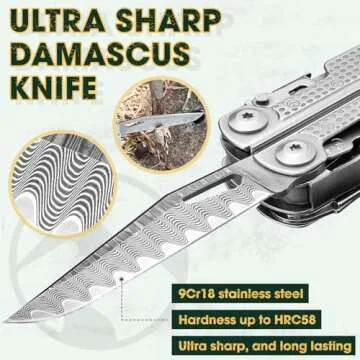 Multper Multitools Pliers Pro, Upgraded Multi Tool With Damascus Knife, Replaceable Wire Cutters and Screwdirver Set, Foldable Multitools with Scissors, Screwdriver, Ideal for Camping,Survival, Repair