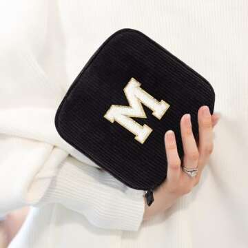 Cute Makeup Bag for Women - Monogram Personalized Initial Makeup Bags Cosmetic Pouch Make Up Case for Women Her Best Friend Friendship Sister Teacher, Birthday Gifts for Women (Letter M, Black)