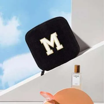 Cute Makeup Bag for Women - Monogram Personalized Initial Makeup Bags Cosmetic Pouch Make Up Case for Women Her Best Friend Friendship Sister Teacher, Birthday Gifts for Women (Letter M, Black)