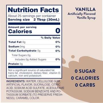 Jordan's Skinny Syrups Sugar Free Coffee Syrup, Vanilla Flavor Drink Mix, Zero Calorie Flavoring for Chai Latte, Protein Shake, Food, Gluten Free, Keto Friendly, 25.4 Fl Oz, 1 Pack