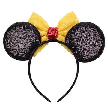 YanJie Mouse Ears Bow Headbands, Glitter Party Yellow Princess Decoration Cosplay Costume for Girls & Women (Yellow-Mickey)