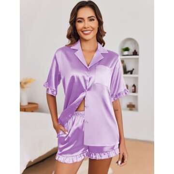 Ekouaer Womens Satin Pajamas Set Button Down Silk 2 Piece Pj Sets Ruffle Short Sleeve Sleepwear,Lilac,L