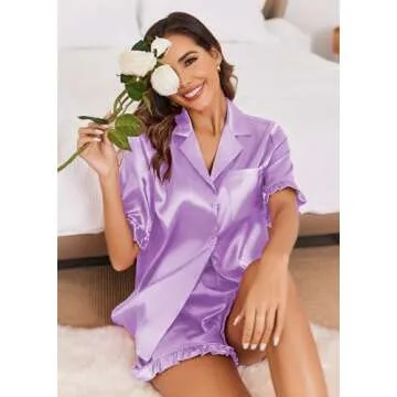 Ekouaer Womens Satin Pajamas Set Button Down Silk 2 Piece Pj Sets Ruffle Short Sleeve Sleepwear,Lilac,L