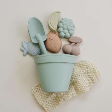 ForeverElla Silicone Beach Toy Set - Eco-Friendly, Easy to Clean, 5 Sand Toy Molds, Shovel & Beach B...