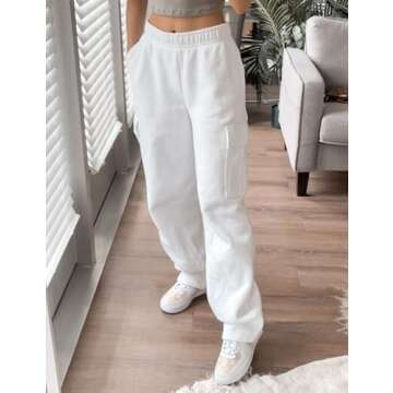 QIBABU Womens Fleece Cargo Sweatpants Casual Baggy Wide Leg Jogger Pants Athletic Open Bottom with P...