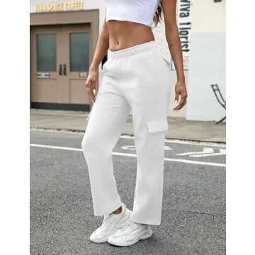 QIBABU Womens Fleece Cargo Sweatpants Casual Baggy Wide Leg Jogger Pants Athletic Open Bottom with Pockets(1777-White-XS-QB)