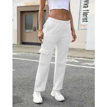 QIBABU Womens Fleece Cargo Sweatpants Casual Baggy Wide Leg Jogger Pants Athletic Open Bottom with Pockets(1777-White-XS-QB)