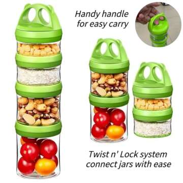 SELEWARE Portable Stackable Food Storage Containers for Snacks Formula Powder and Drinks Twist Lock System Airtight Leak-proof BPA and Phthalate Free 4 Piece Jars 31oz Green
