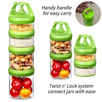 SELEWARE Portable Stackable Food Storage Containers for Snacks Formula Powder and Drinks Twist Lock System Airtight Leak-proof BPA and Phthalate Free 4 Piece Jars 31oz Green