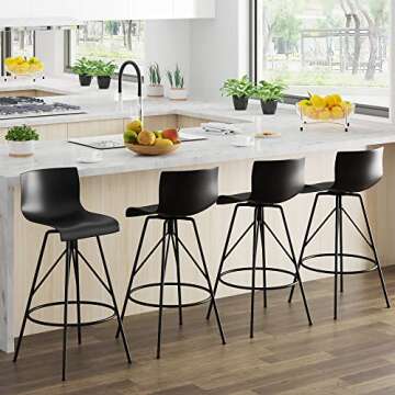 Awonde Black Bar Stools Set of 4 Swivel Bar Height Barstools with Backs Modern Kitchen Bar Chairs 30" Plastic Seat Metal Legs
