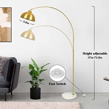 Contemporary Gold 73" Arc Floor Lamp with Hanging Dome Shade, Marble Base Adjustable Farmhouse Over ...